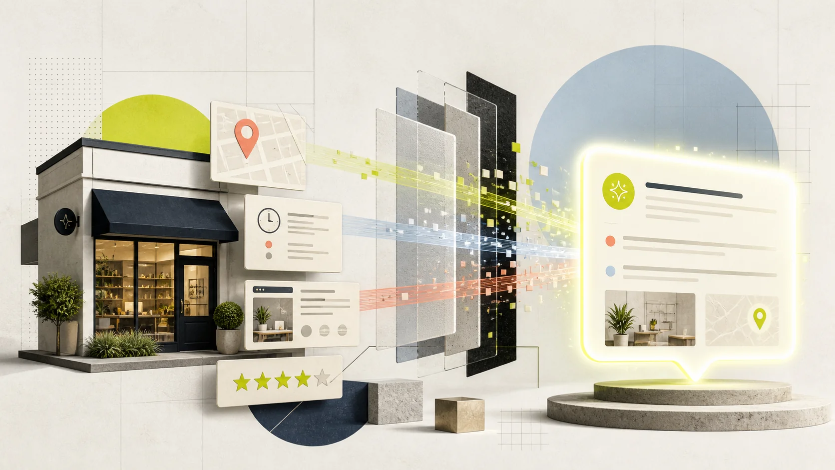 Editorial illustration of a local storefront sending location, hours, website, and review signals through a search index into an AI answer card.